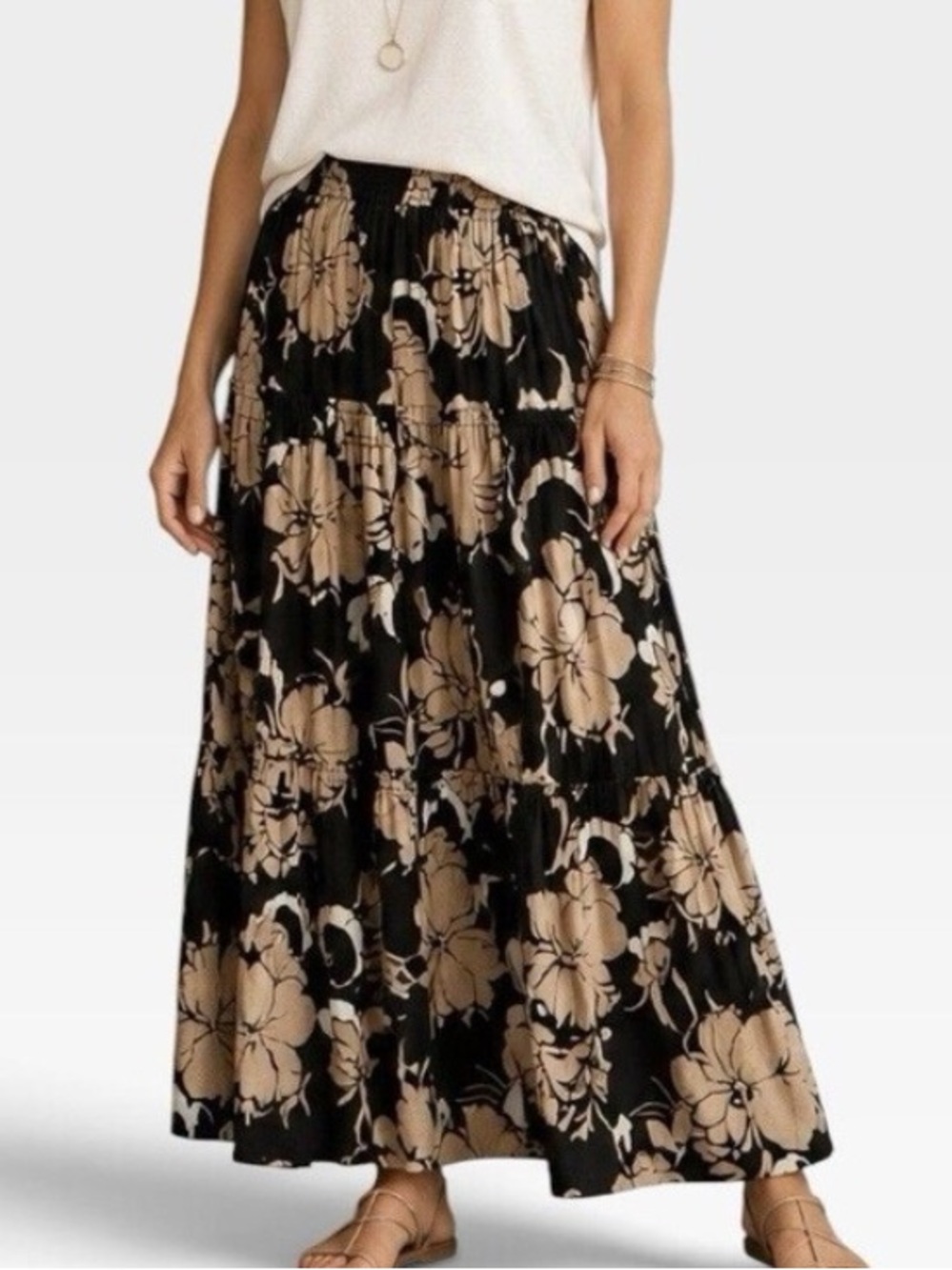 Soft Surroundings Women M Black Tan Floral Boho Halona Tiered Maxi Skirt NWT